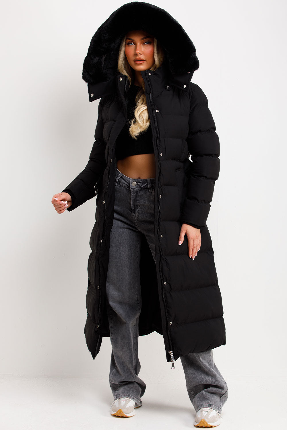 Reeva | Women’s long puffer coat with faux fur hood and belt
