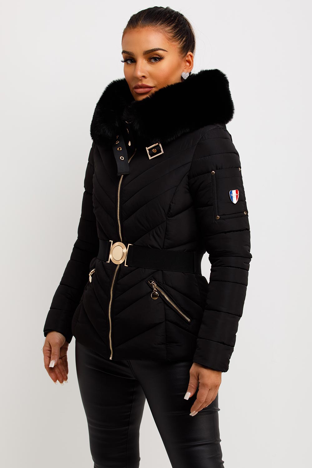 Dalia | Women’s belted puffer jacket with faux-fur hood