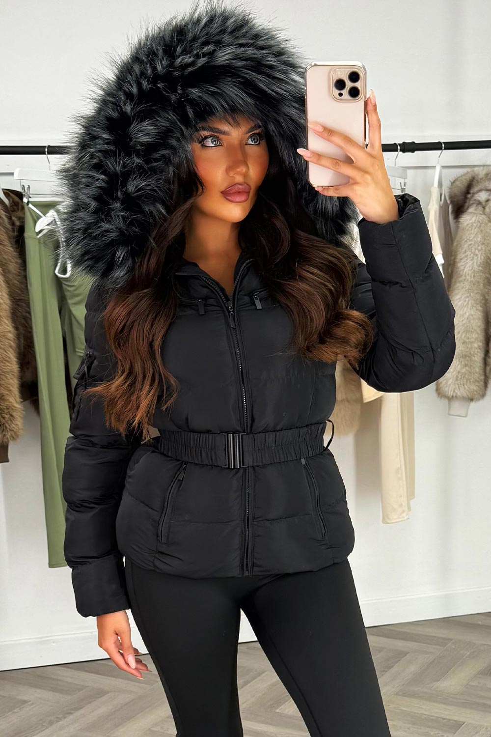 Reya | Women’s belted puffer jacket with faux-fur hood