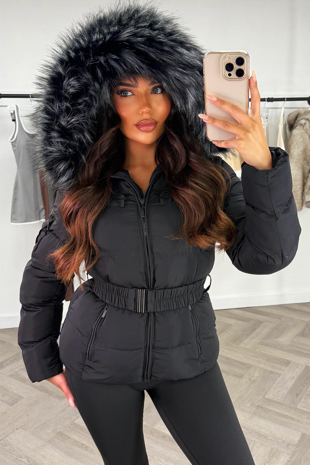 Reya | Women’s belted puffer jacket with faux-fur hood