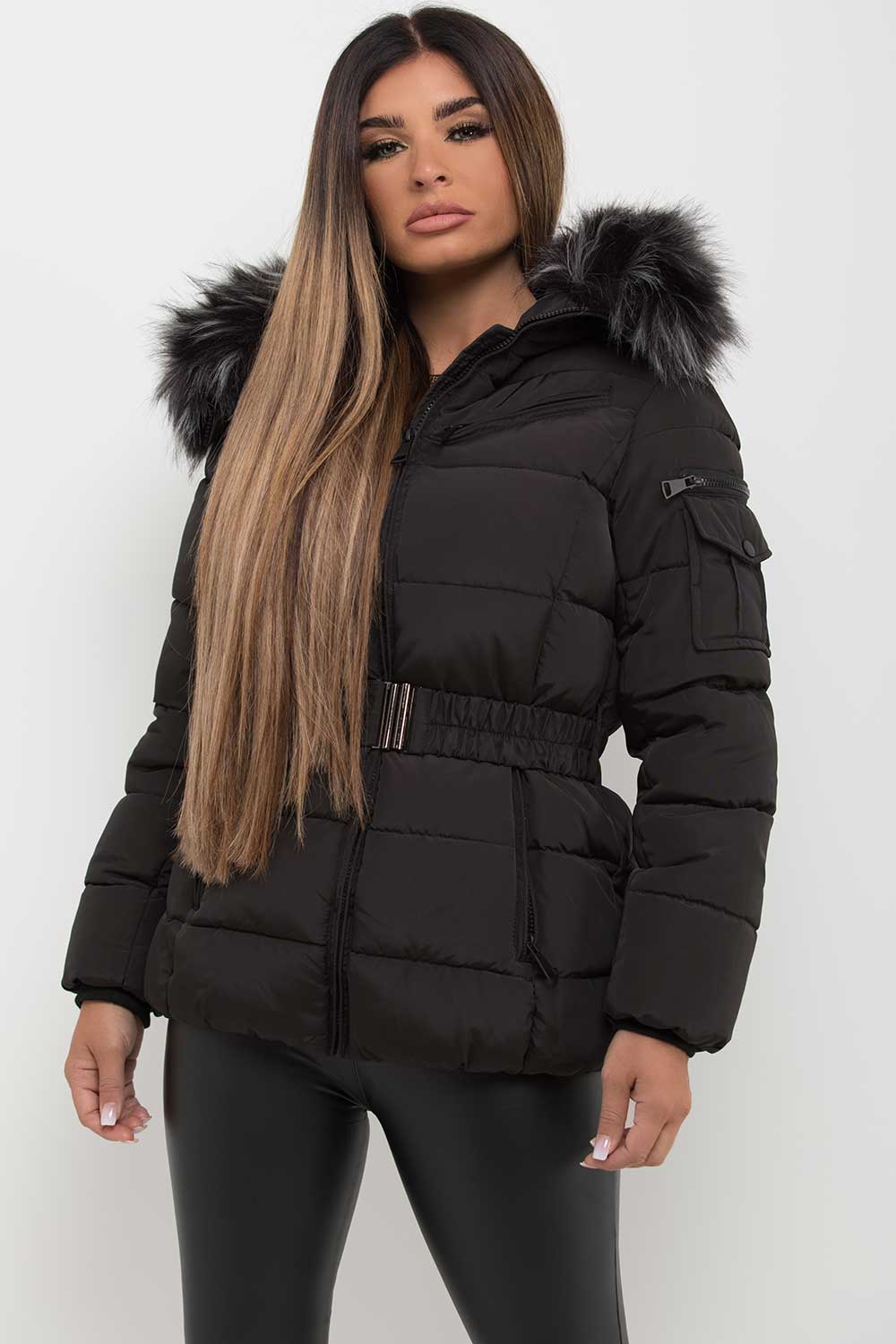 Reya | Women’s belted puffer jacket with faux-fur hood