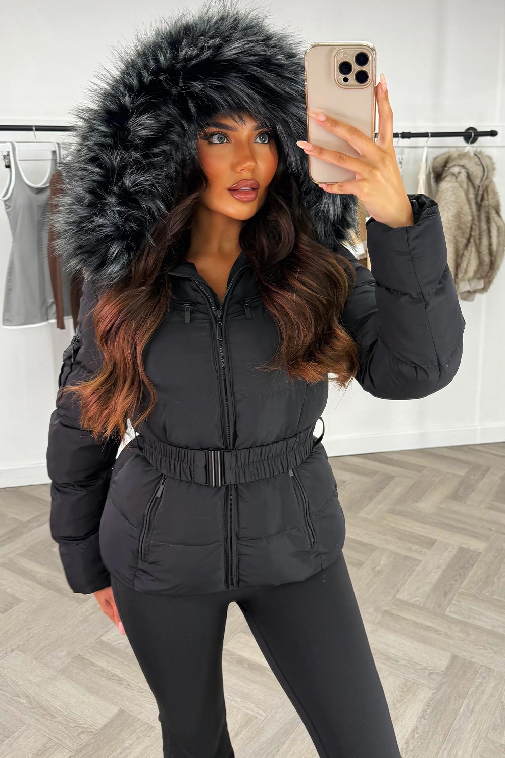 Reya | Women’s belted puffer jacket with faux-fur hood