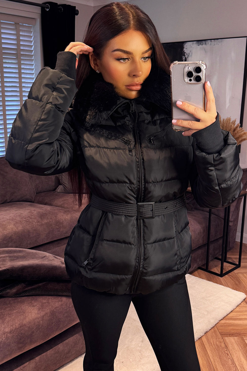Jaylen | Women’s belted puffer jacket with faux fur hood