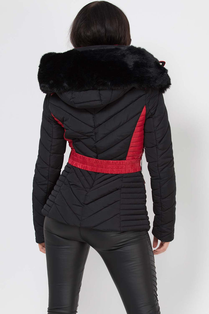 Avayah | Women’s puffer jacket with faux fur hood and belt