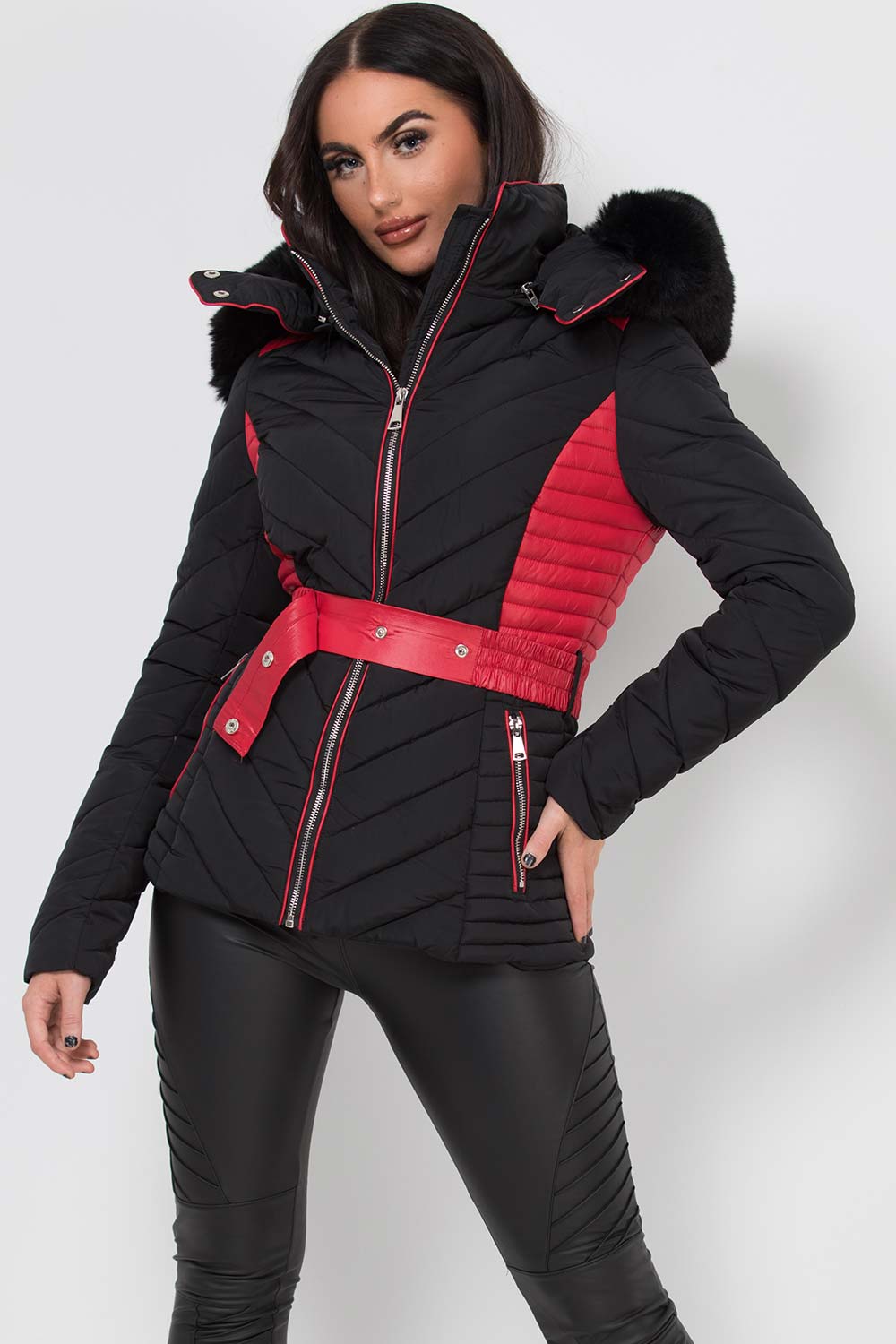Avayah | Women’s puffer jacket with faux fur hood and belt