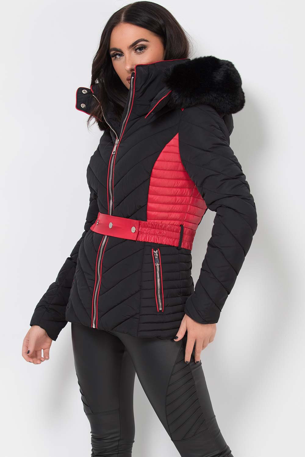Avayah | Women’s puffer jacket with faux fur hood and belt