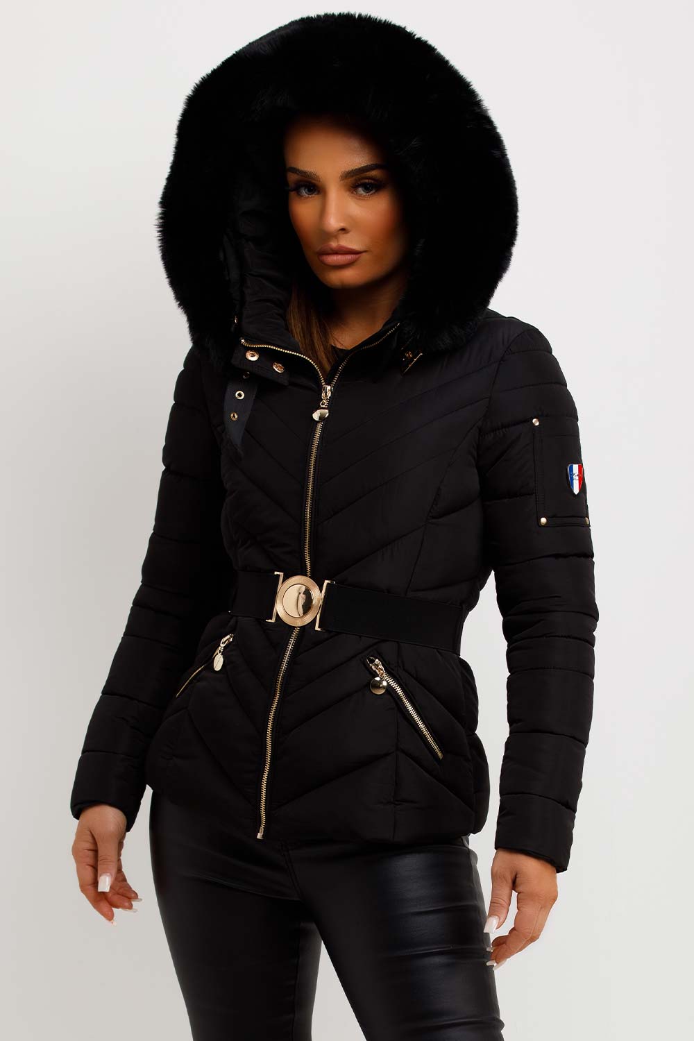 Dalia | Women’s belted puffer jacket with faux-fur hood