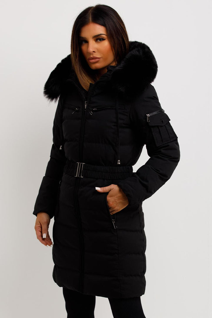 Khloe | Women’s long puffer coat with faux fur hood
