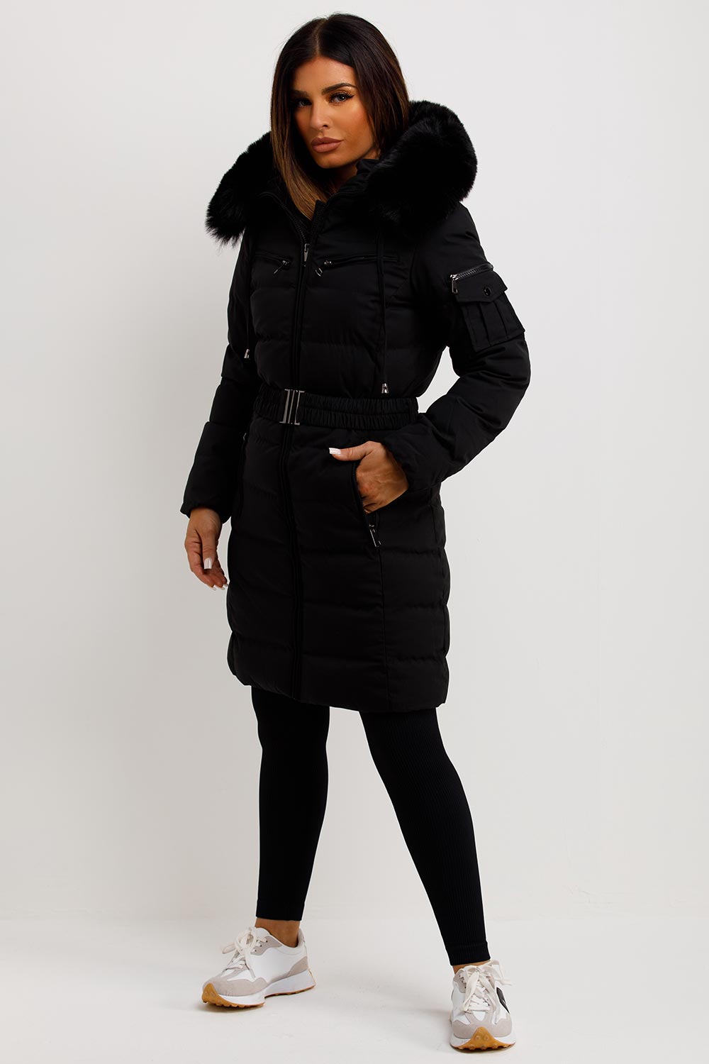 Khloe | Women’s long puffer coat with faux fur hood