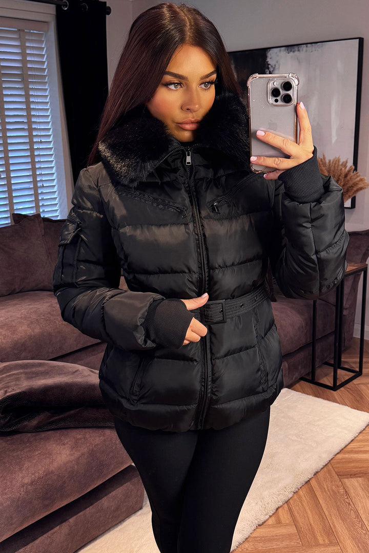 Jaylen | Women’s belted puffer jacket with faux fur hood