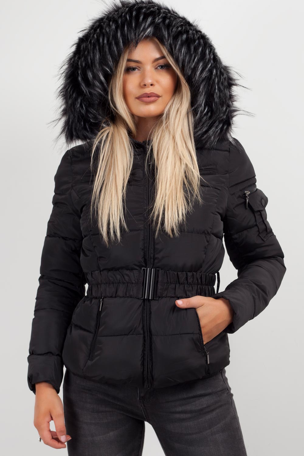 Reya | Women’s belted puffer jacket with faux-fur hood