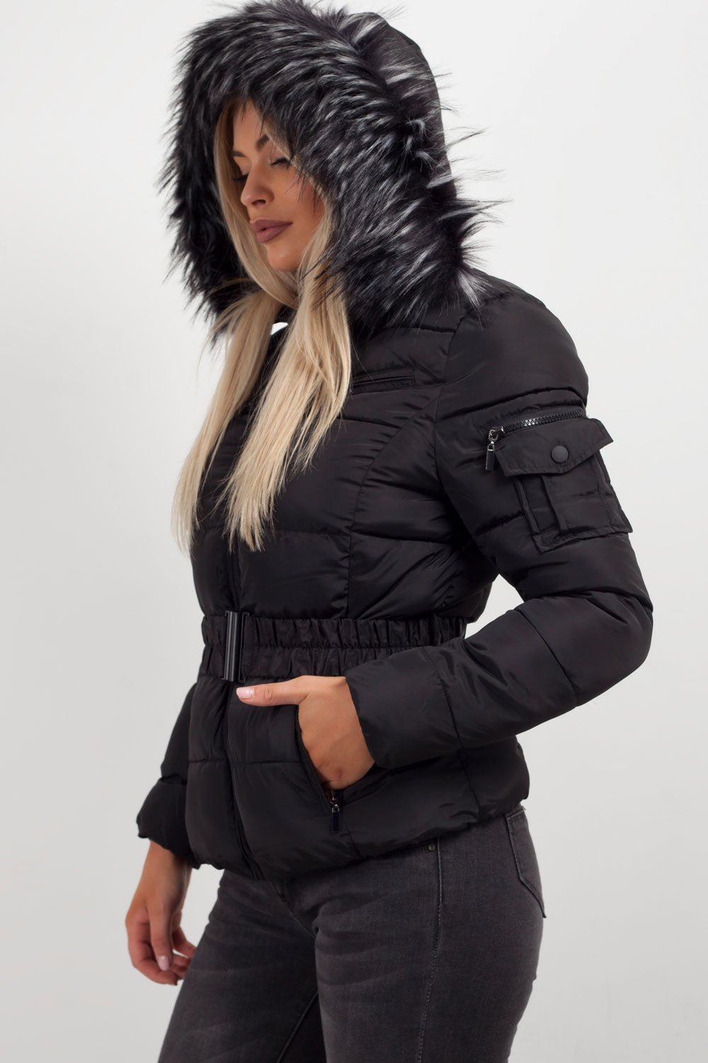 Reya | Women’s belted puffer jacket with faux-fur hood