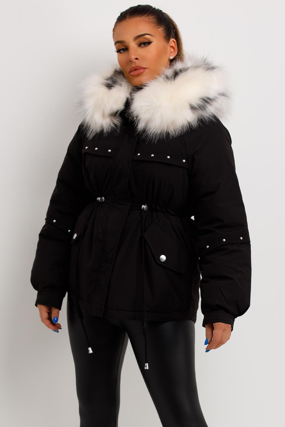 Milena | Women’s faux fur hood coat with stud detail