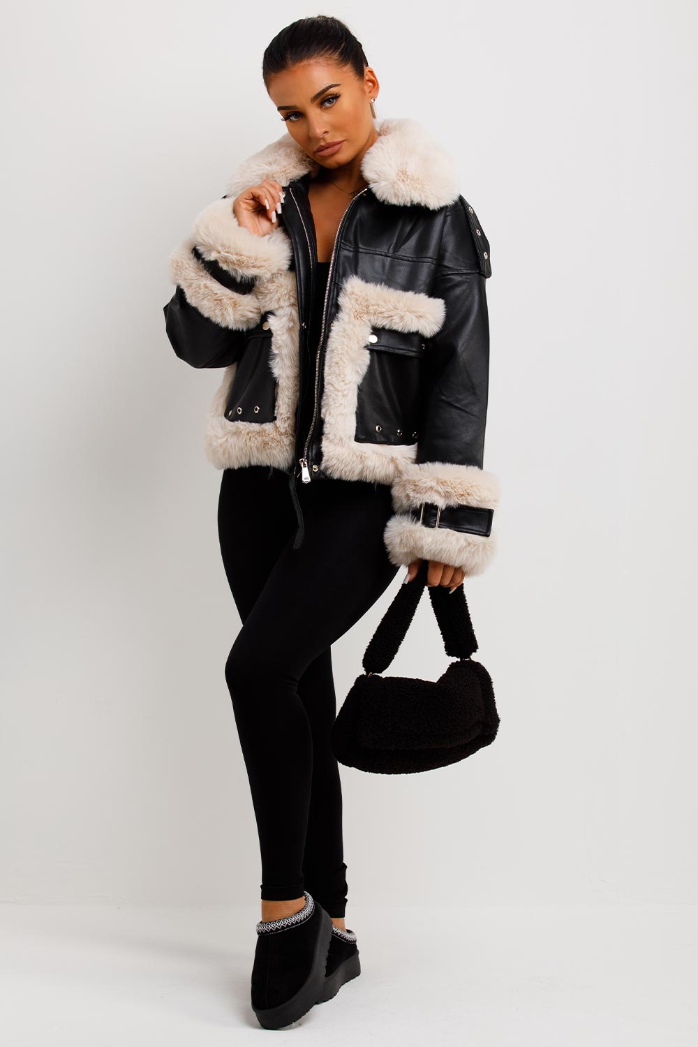 Jayla | Women’s faux leather jacket with contrast faux fur trim