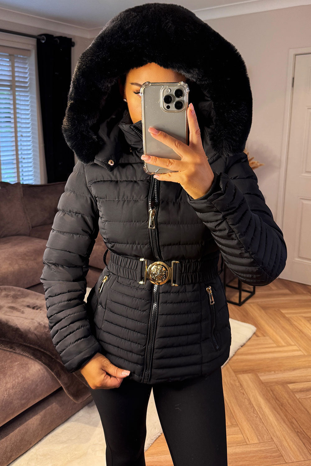 Kahlani | Women’s padded puffer jacket with faux fur hood and belt