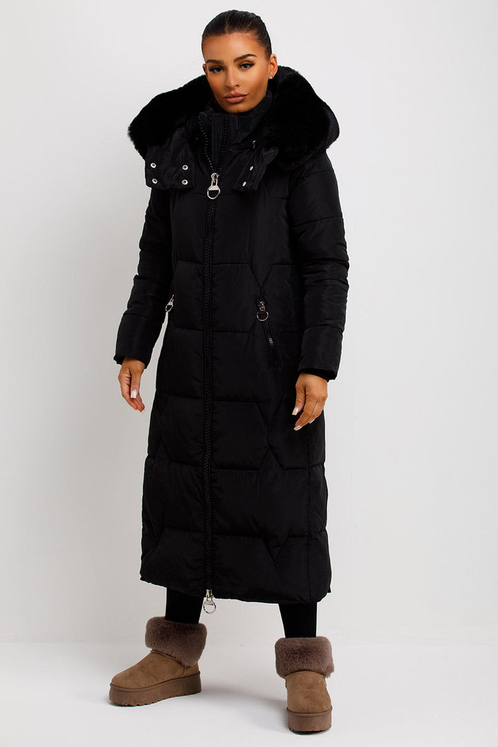 Adaline | Women’s long puffer padded coat with faux fur hood