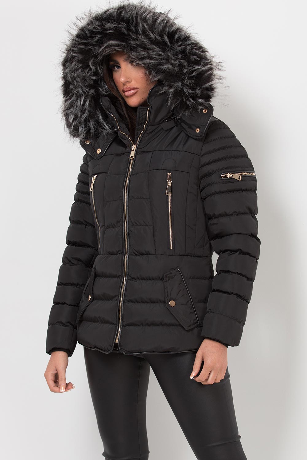 Lilian | Women’s black hooded faux fur trim puffer jacket