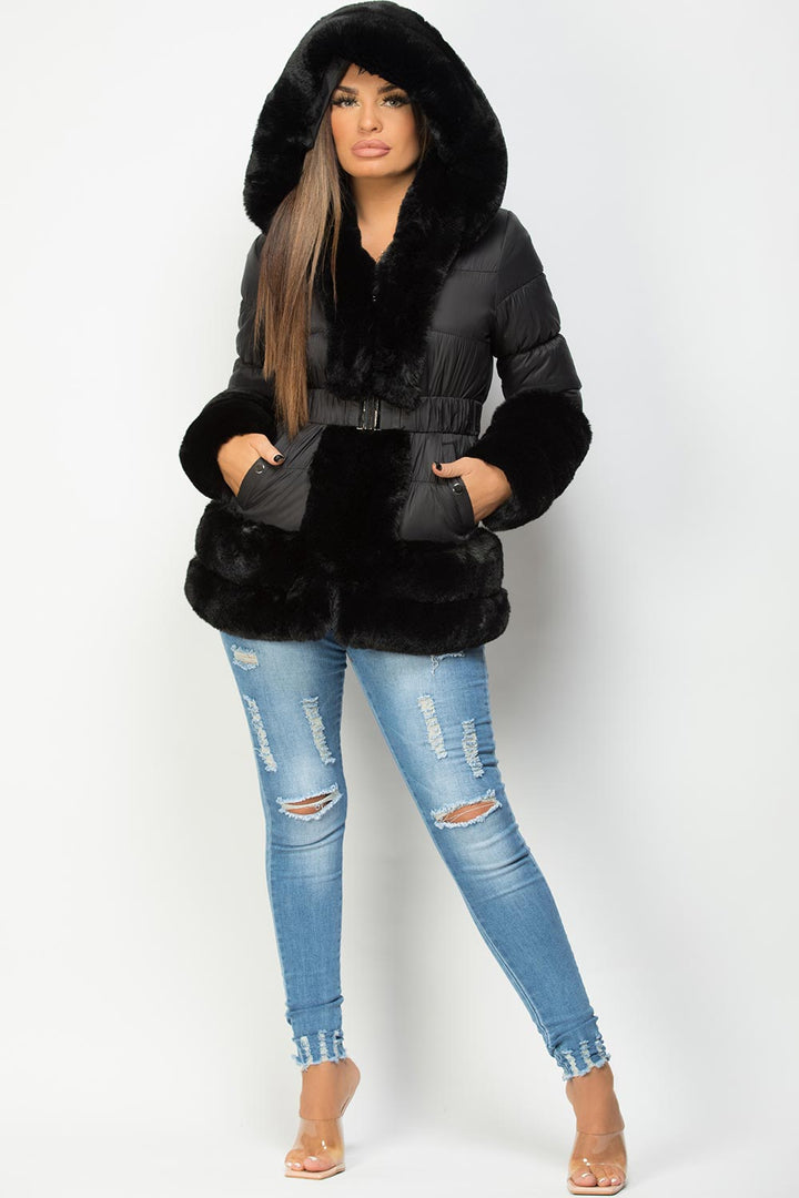 Rayna | Women’s belted puffer jacket with luxury faux fur trim