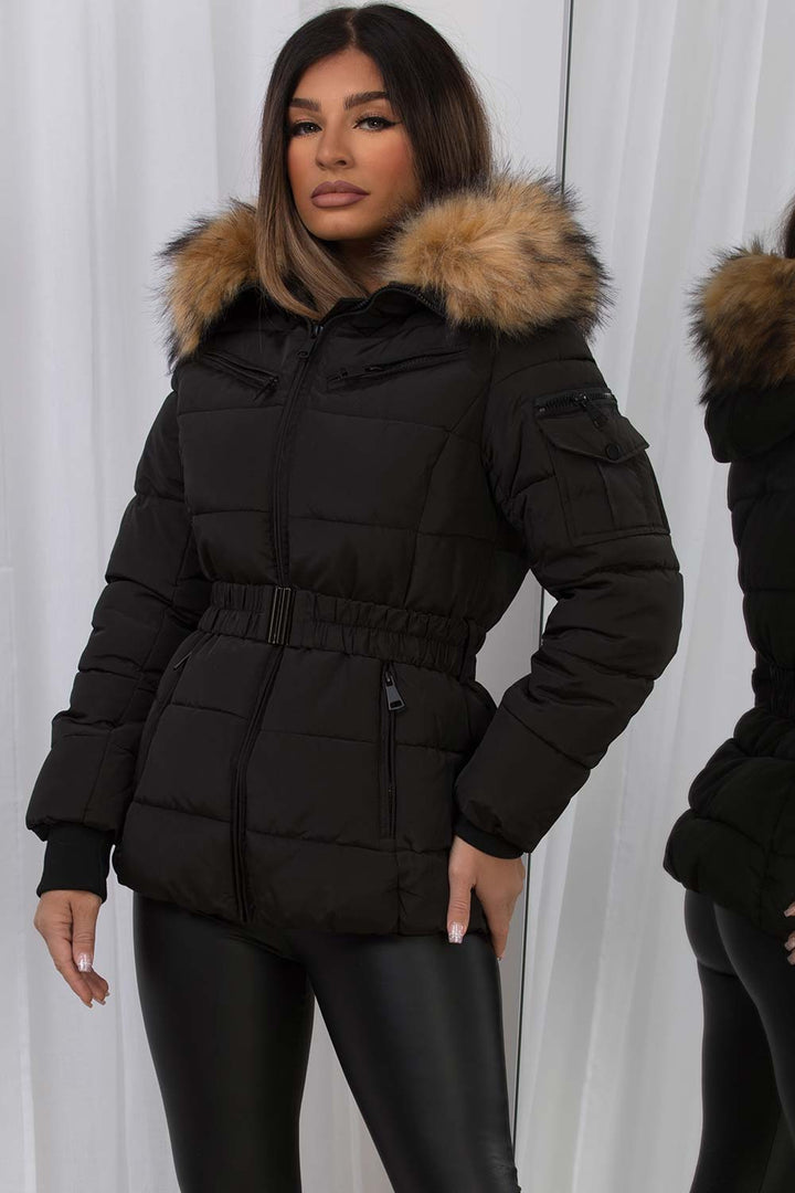 Ameliee | Women’s belted puffer jacket with faux fur hood