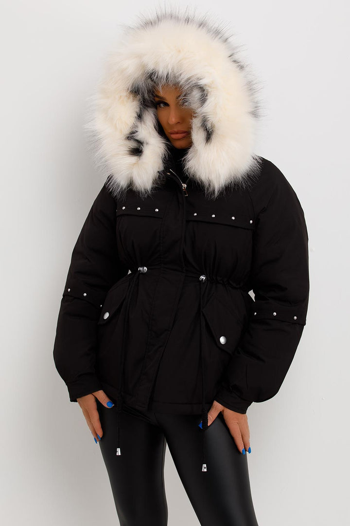 Milena | Women’s faux fur hood coat with stud detail
