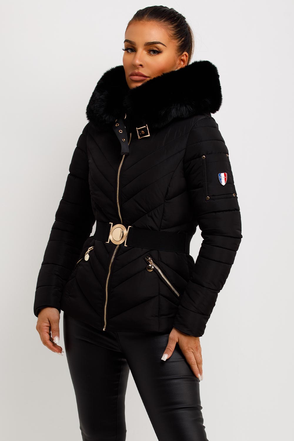 Dalia | Women’s belted puffer jacket with faux-fur hood
