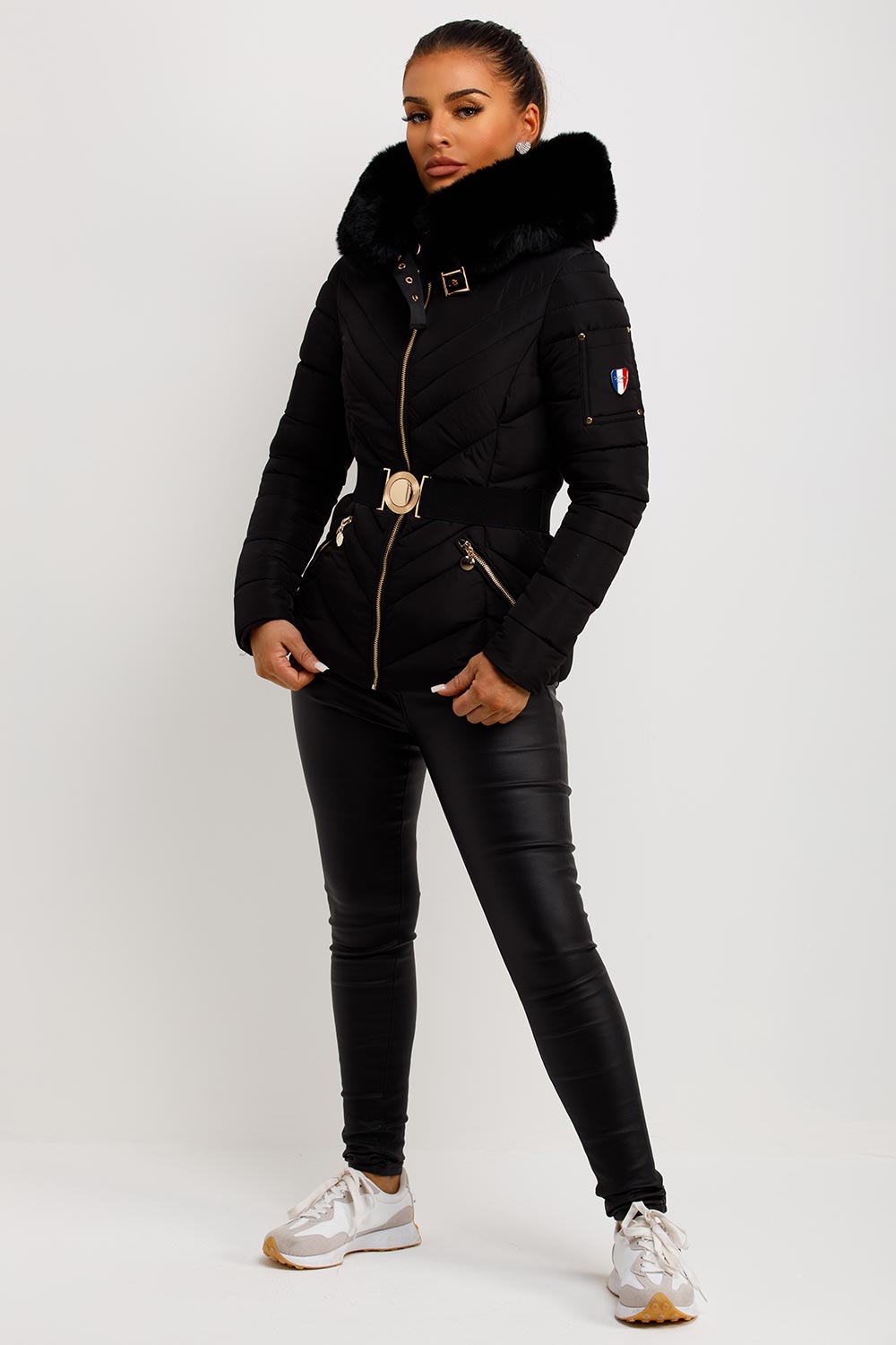 Dalia | Women’s belted puffer jacket with faux-fur hood