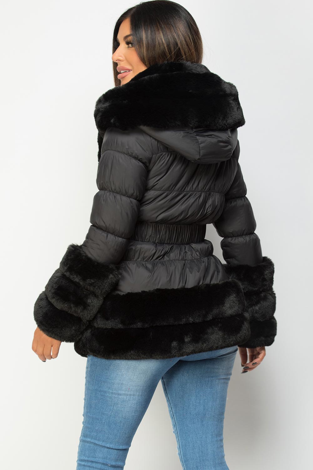 Rayna | Women’s belted puffer jacket with luxury faux fur trim