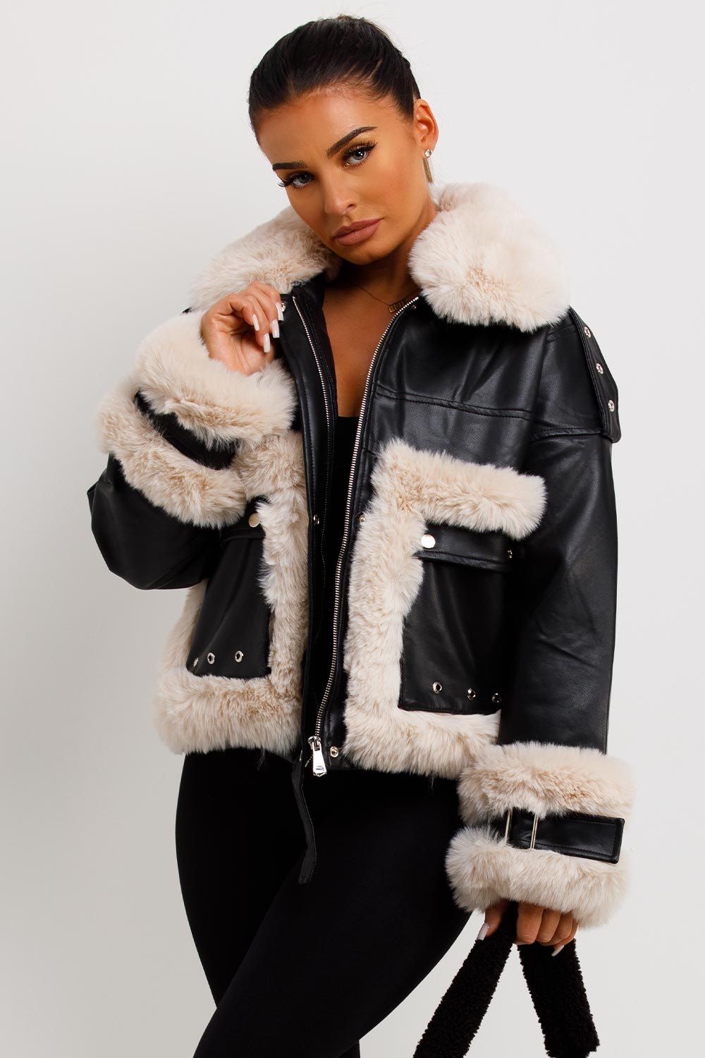 Jayla | Women’s faux leather jacket with contrast faux fur trim