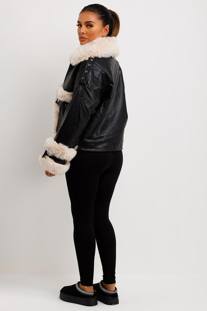 Jayla | Women’s faux leather jacket with contrast faux fur trim