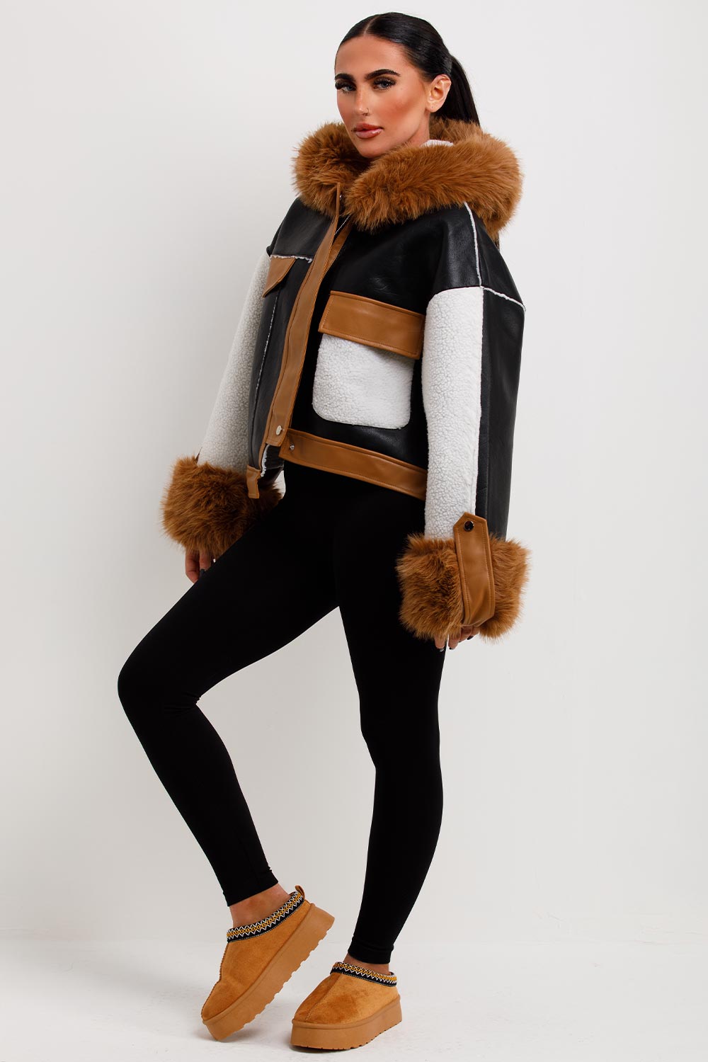 Leanna | Women’s shearling faux leather jacket with faux fur hood