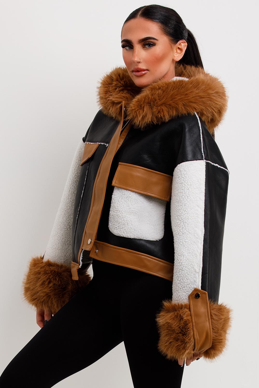 Leanna | Women’s shearling faux leather jacket with faux fur hood