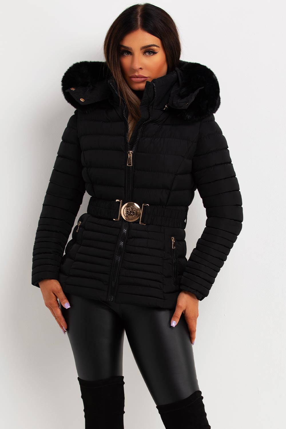 Kahlani | Women’s padded puffer jacket with faux fur hood and belt