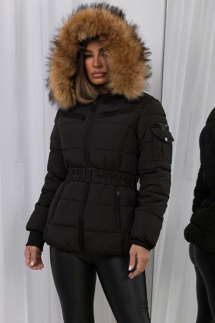 Ameliee | Women’s belted puffer jacket with faux fur hood