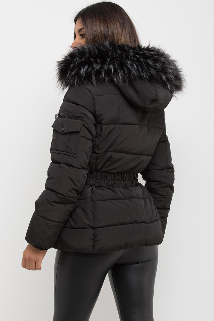 Reya | Women’s belted puffer jacket with faux-fur hood