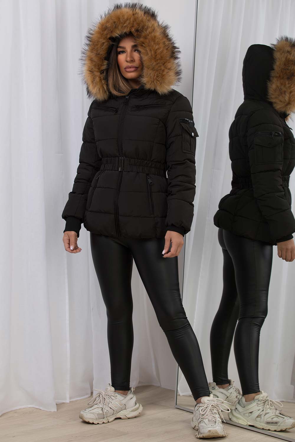 Ameliee | Women’s belted puffer jacket with faux fur hood