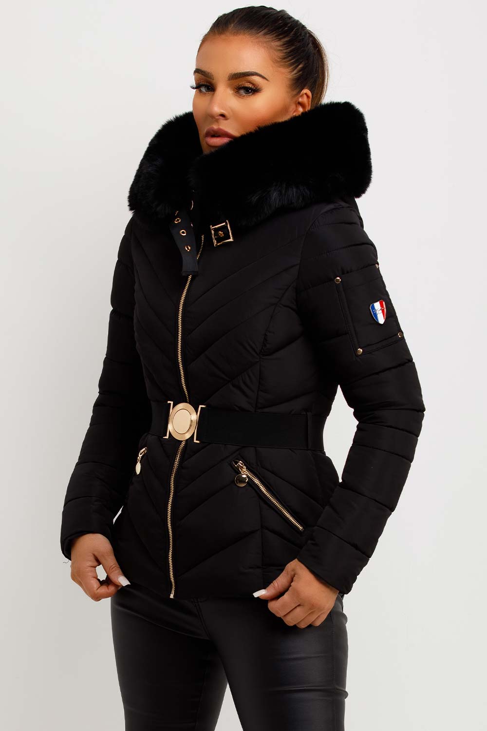 Dalia | Women’s belted puffer jacket with faux-fur hood