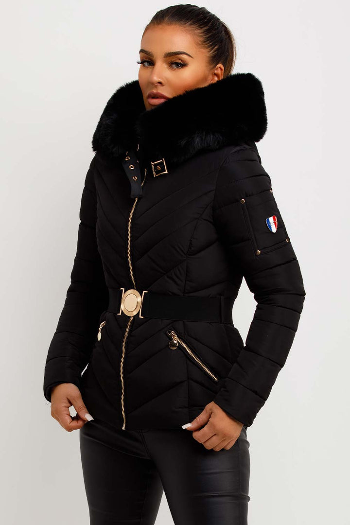 Dalia | Women’s belted puffer jacket with faux-fur hood
