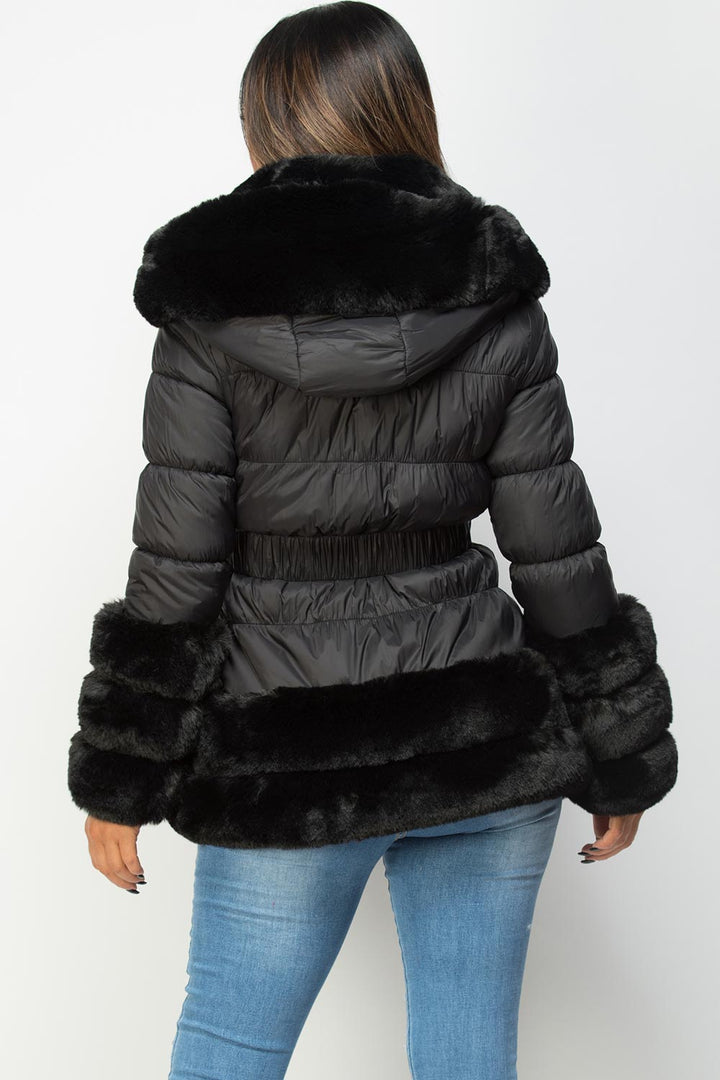 Rayna | Women’s belted puffer jacket with luxury faux fur trim