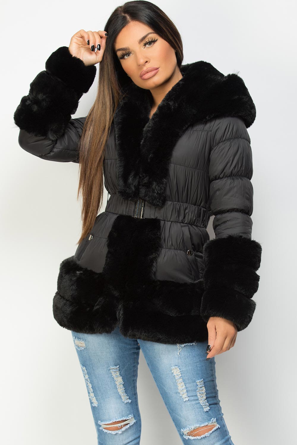 Rayna | Women’s belted puffer jacket with luxury faux fur trim