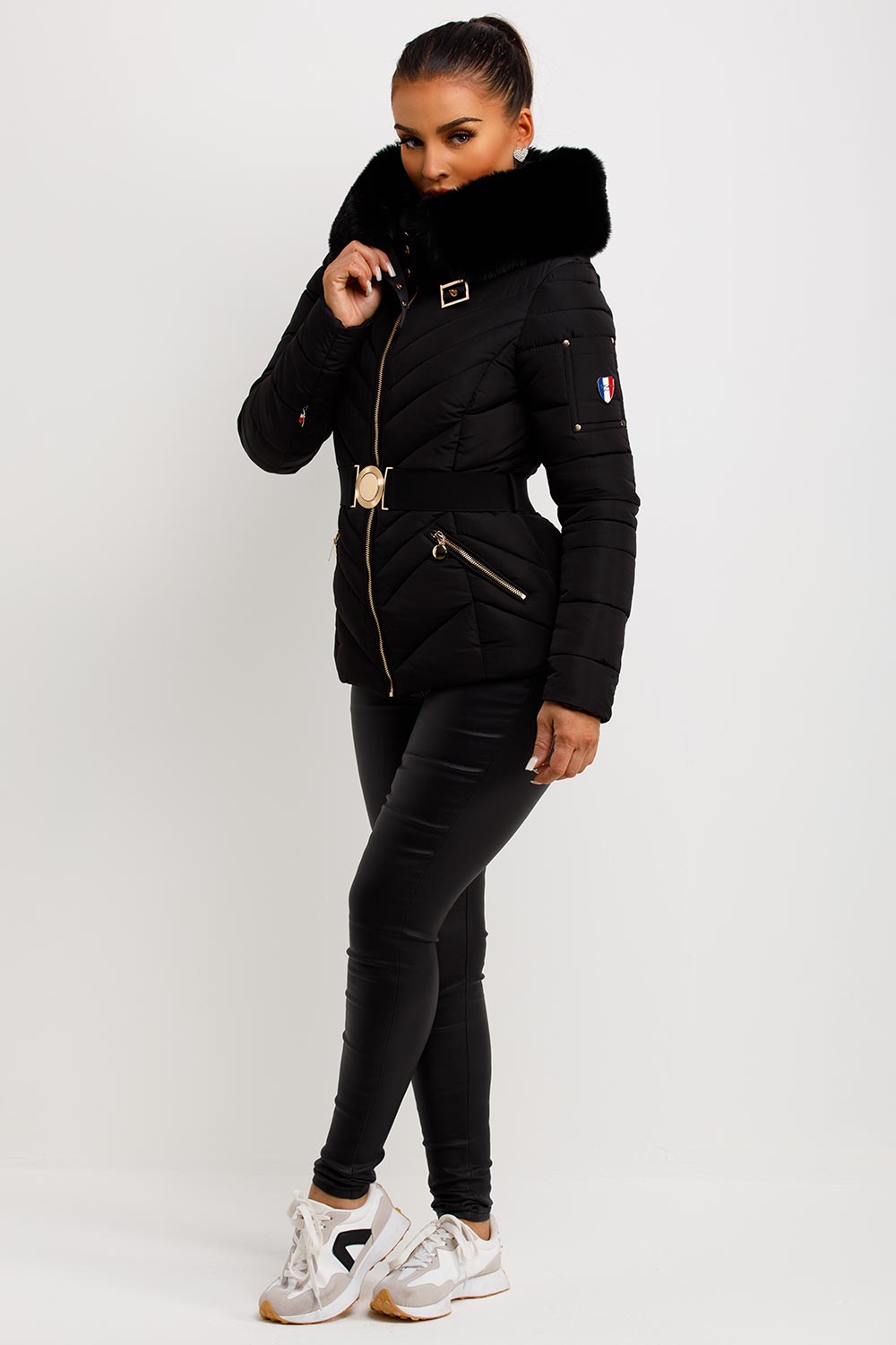 Dalia | Women’s belted puffer jacket with faux-fur hood