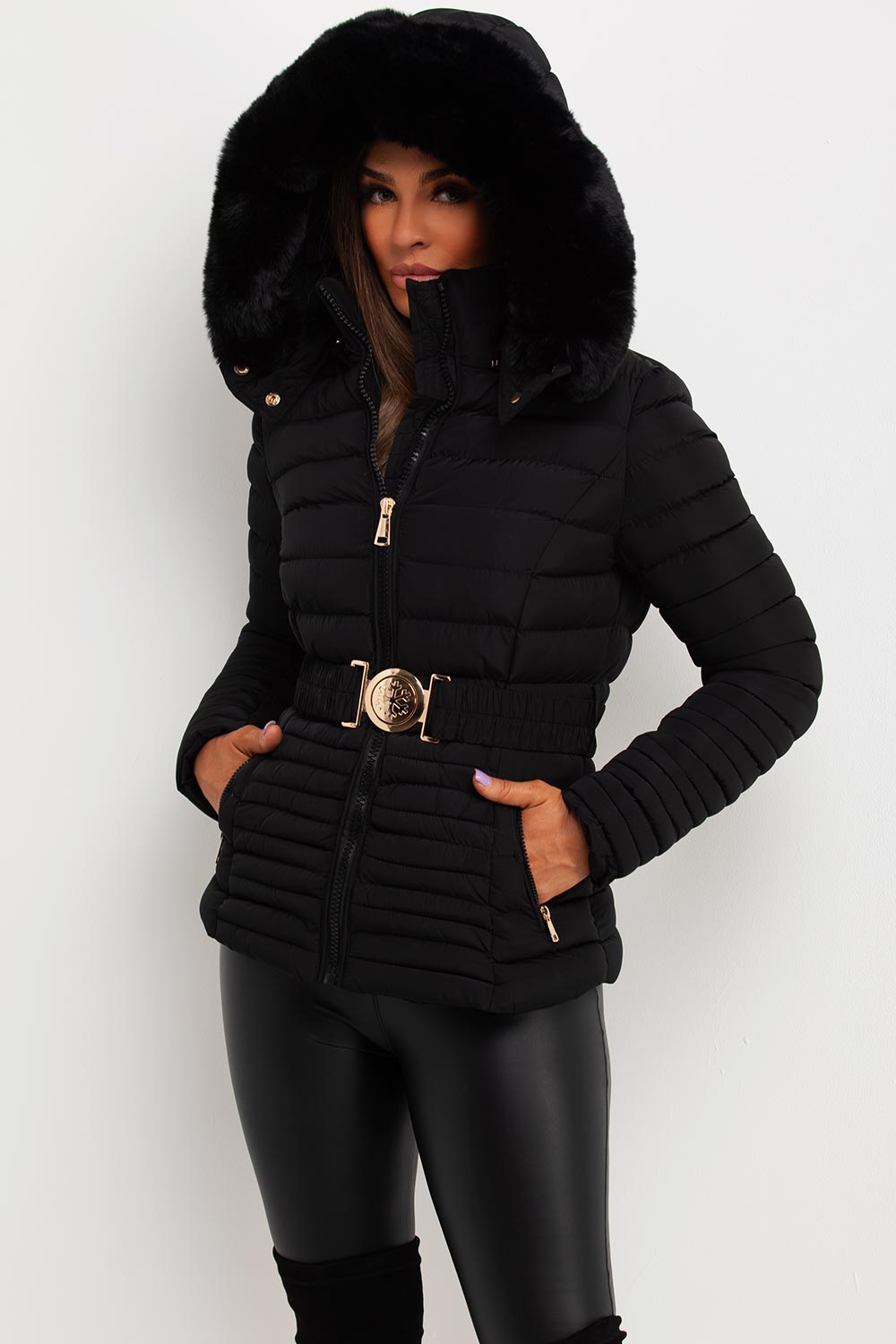 Kahlani | Women’s padded puffer jacket with faux fur hood and belt