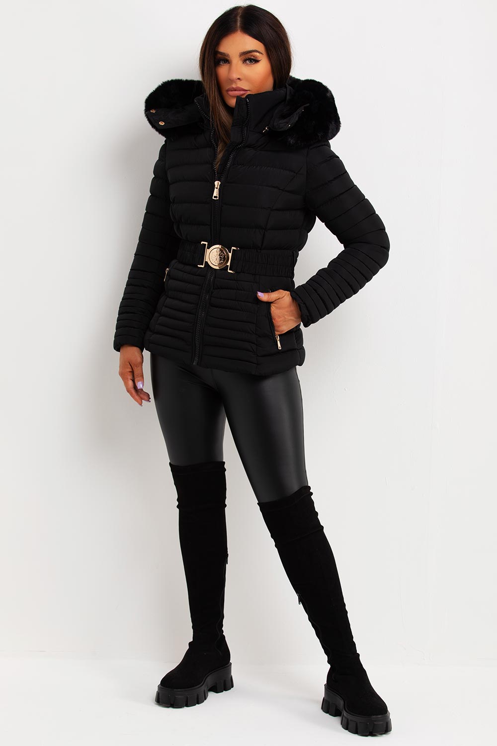 Kahlani | Women’s padded puffer jacket with faux fur hood and belt