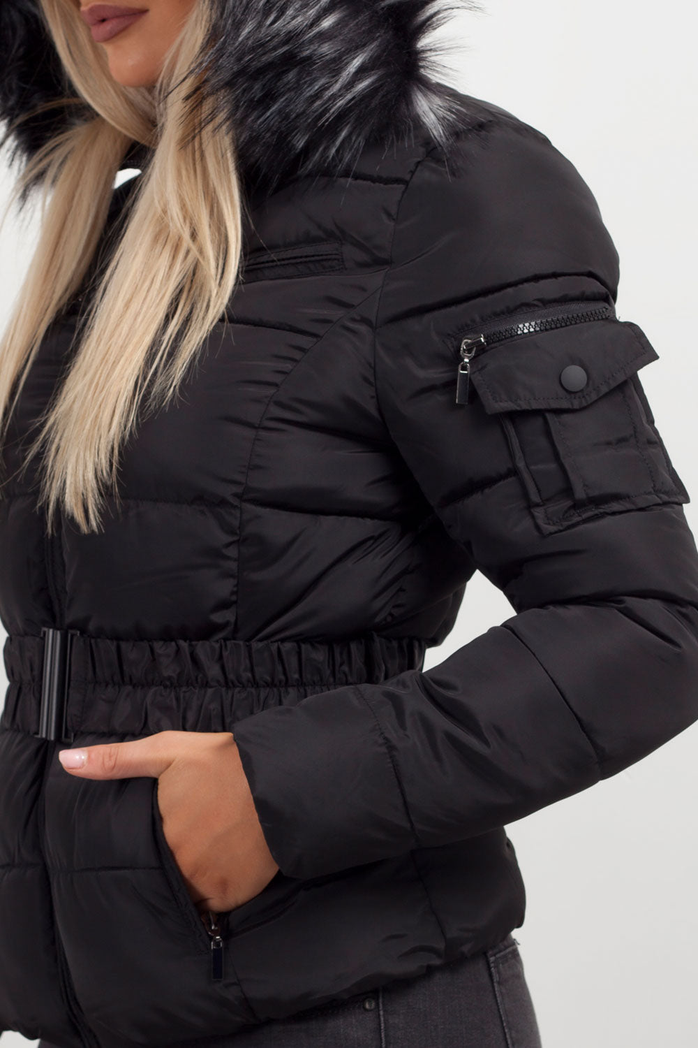 Reya | Women’s belted puffer jacket with faux-fur hood