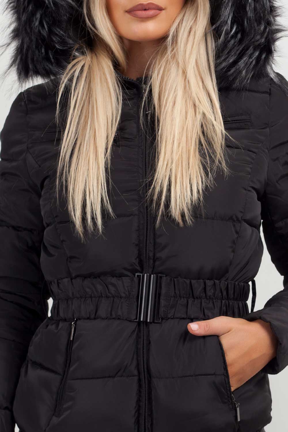 Reya | Women’s belted puffer jacket with faux-fur hood