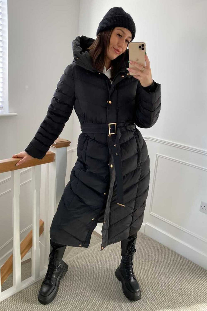 Lara | Women’s longline belted puffer coat with hood