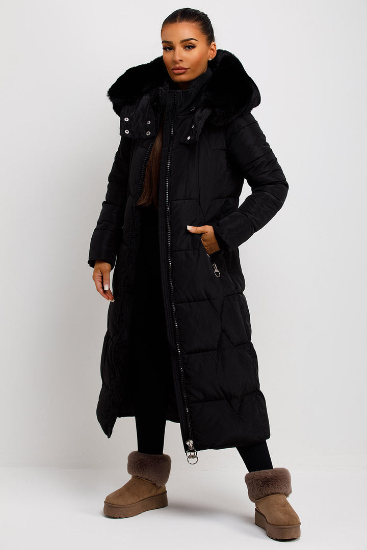 Adaline | Women’s long puffer padded coat with faux fur hood