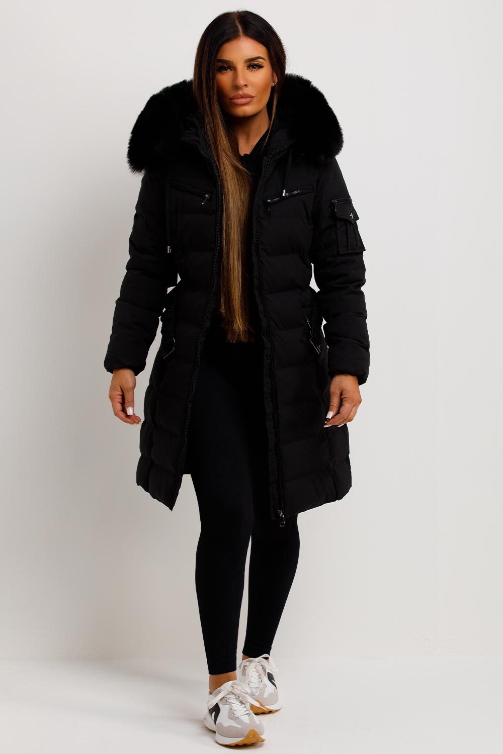 Khloe | Women’s long puffer coat with faux fur hood