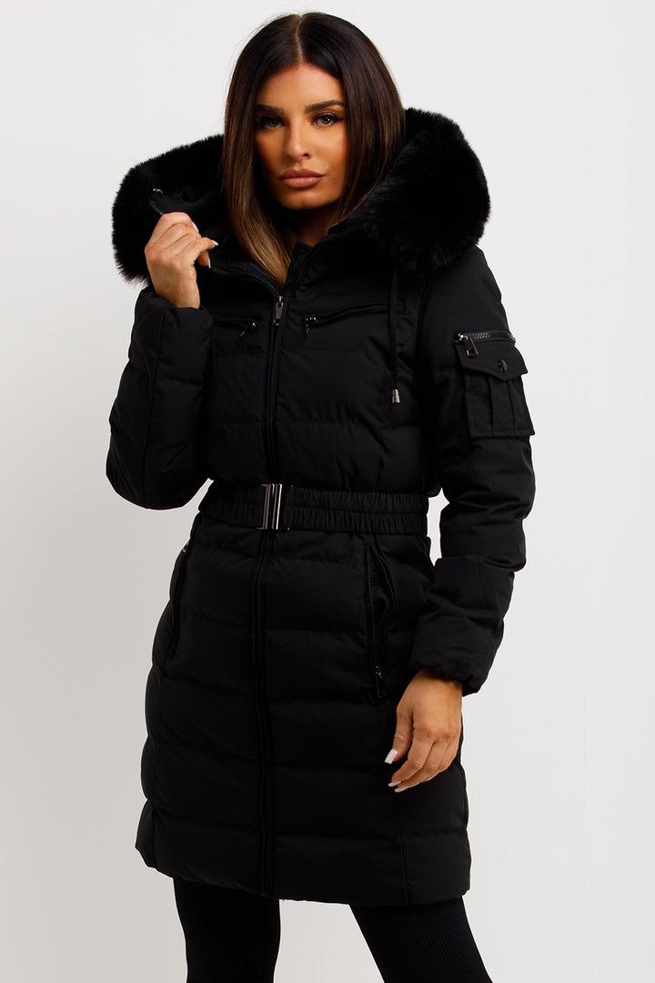 Khloe | Women’s long puffer coat with faux fur hood