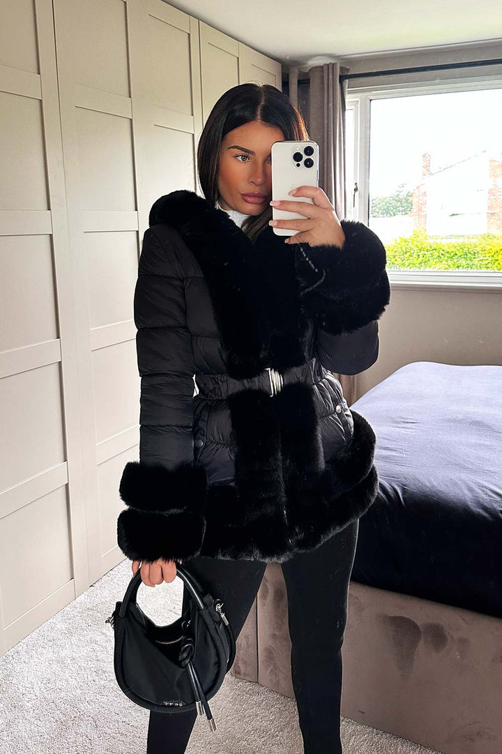 Rayna | Women’s belted puffer jacket with luxury faux fur trim