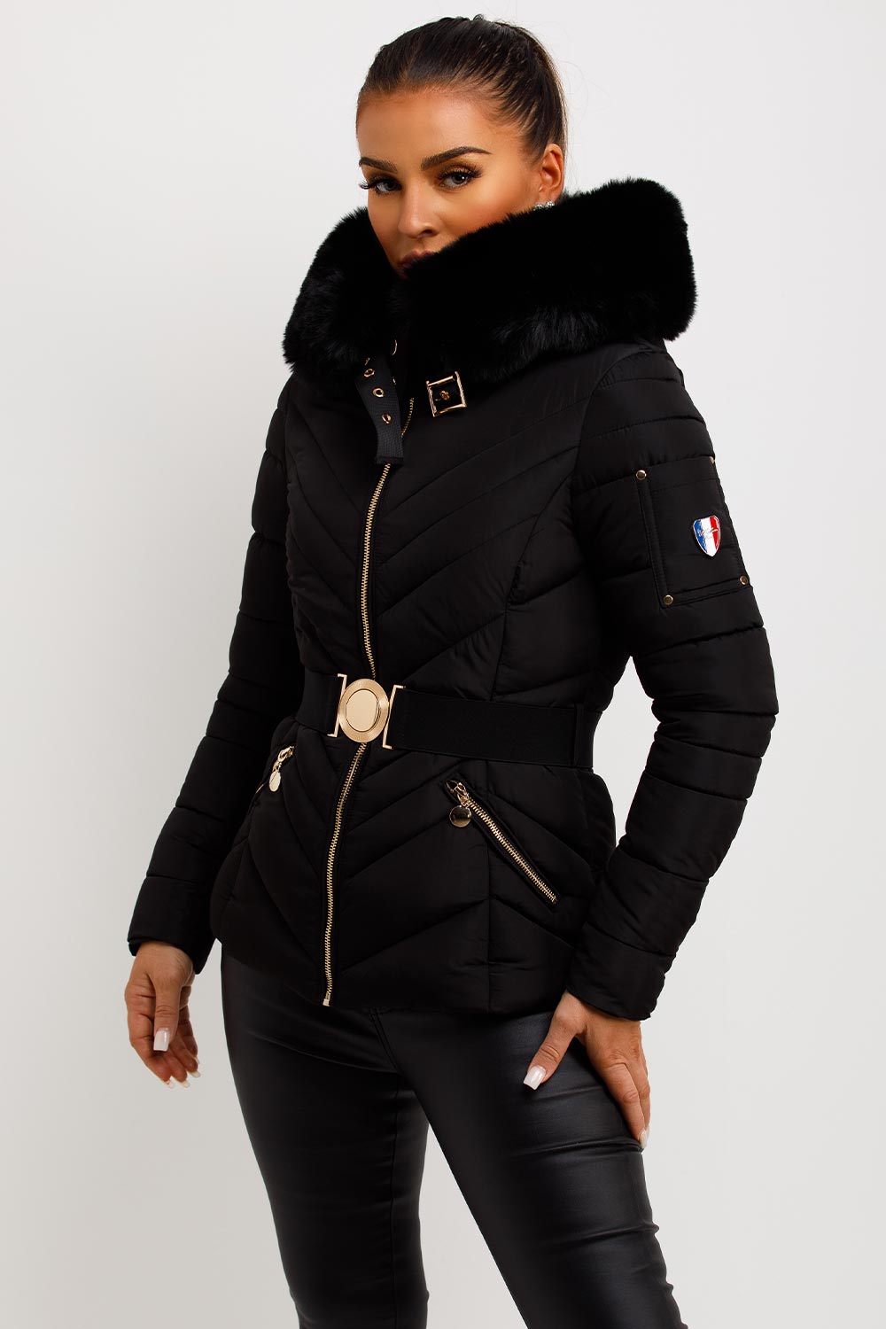 Dalia | Women’s belted puffer jacket with faux-fur hood